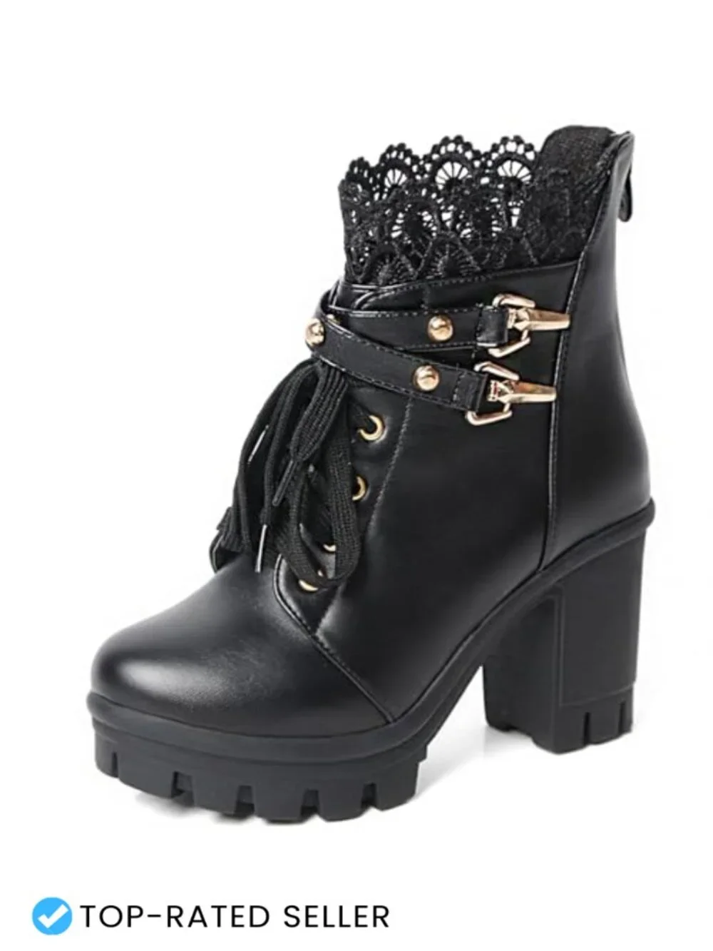Chunky Platform Ankle Boots with Lace and Buckle, Side Zipper, PU Leather